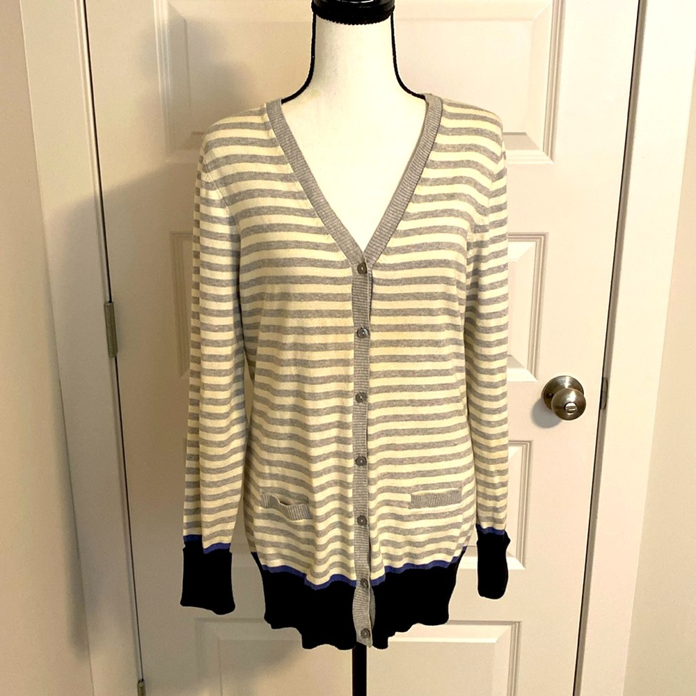 Tommy Hilfiger|| Cream/grey striped cardigan with black and periwinkle accents